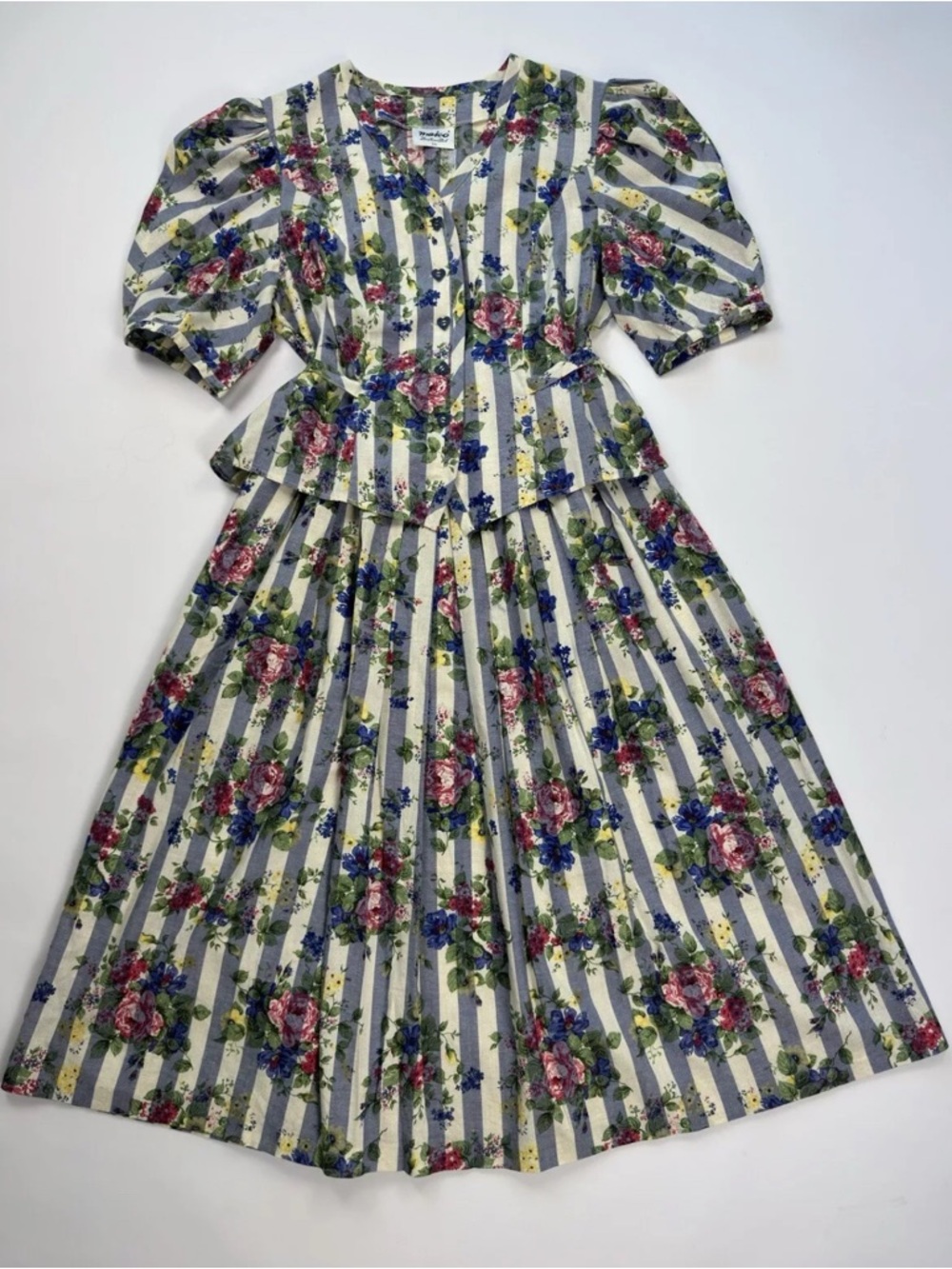 Vintage 80's Meico Floral Stripe Two-Piece Dress Dirndl - Blue, Pink, Green